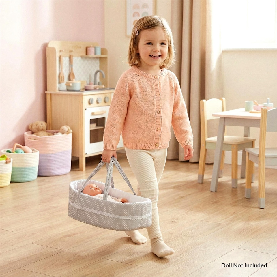 image 1 of BiBi Doll Baby Doll Grey Polka Dot Carry Cot up to 20" Dolls