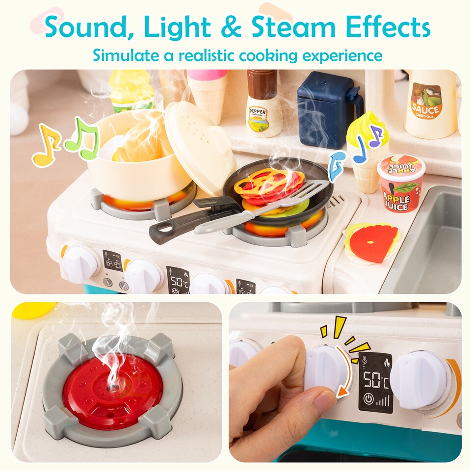 image 1 of COSTWAY Kids Kitchen Playset Pretend Play Kitchen with 95 PCS Accessories-Blue