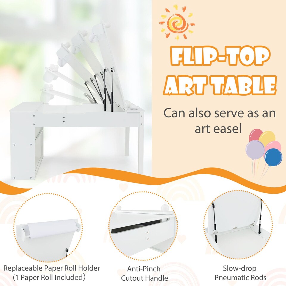 image 1 of COSTWAY 2-in-1 Kids Wooden Art Table and Art Easel Set With Chairs Storage Bins Paper Roll