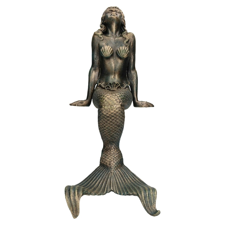 image 1 of 16" Mermaid Cast Iron Statue Figure Ornament Garden Water Pond Shelf Sitting