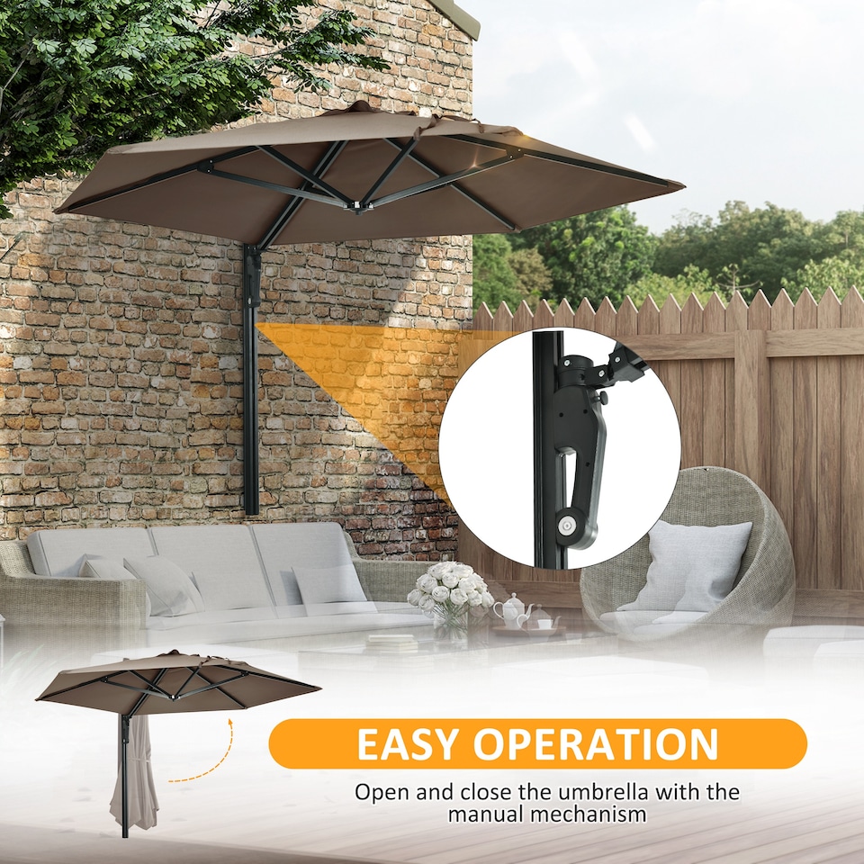 image 1 of Outsunny 2.5m Wall Mounted Parasol, Hand to Push Outdoor Patio Umbrella with 180 Degree Rotatable Canopy for Porch, Deck, Garden, 250 cm, Khaki