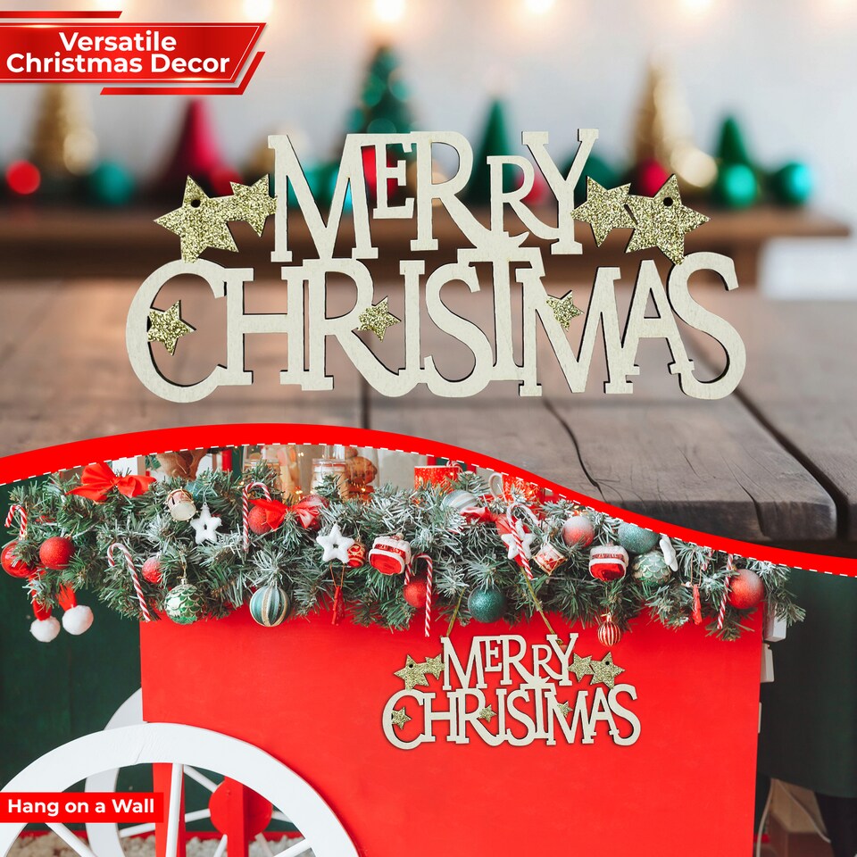 image 1 of Wooden Christmas Table Sign, Merry Christmas Sign Xmas Tabletop Centrepiece