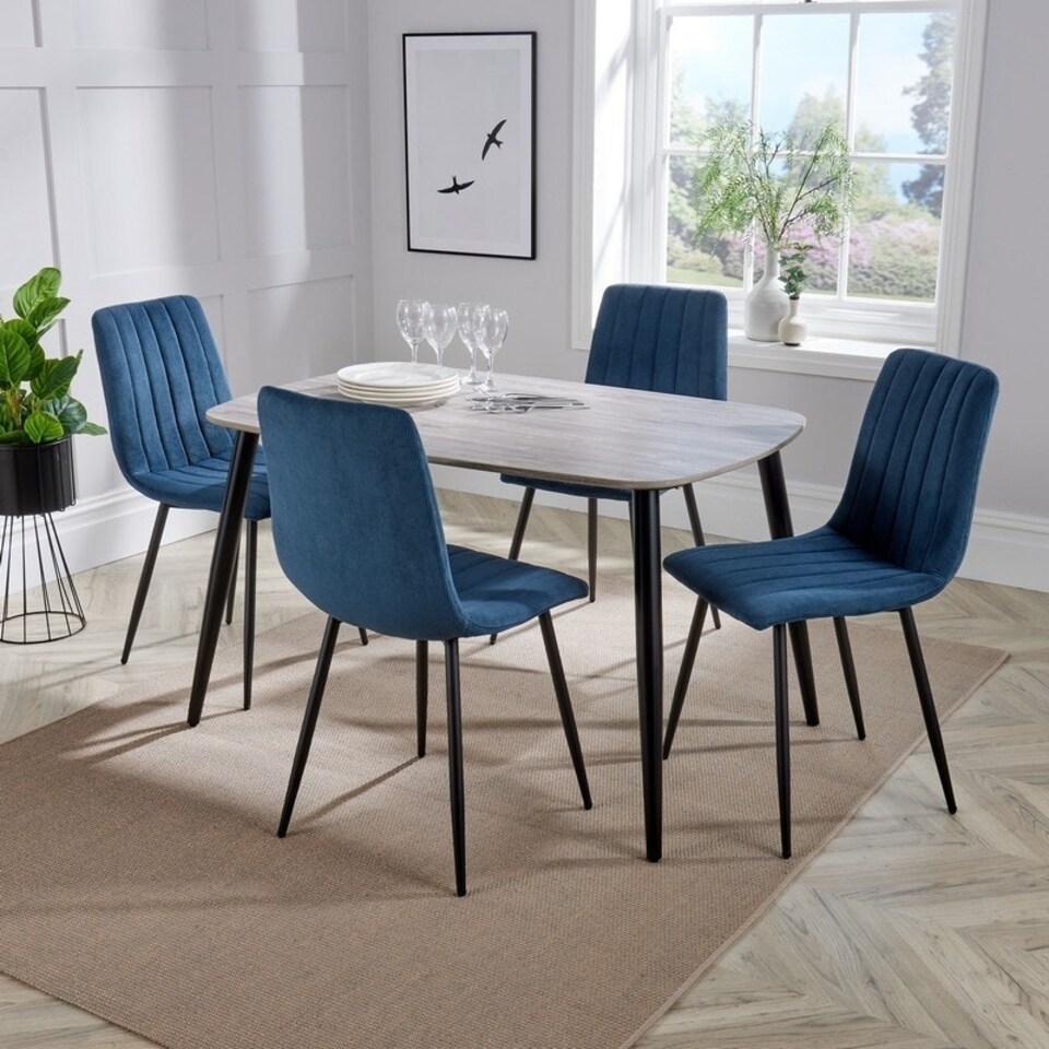 image 1 of Aspen Tapered Legs Rectangular Dining Table with 4 Straight Stitch Cord Dining Chairs - Grey Oak/Black/Blue - Flat Packed Grey