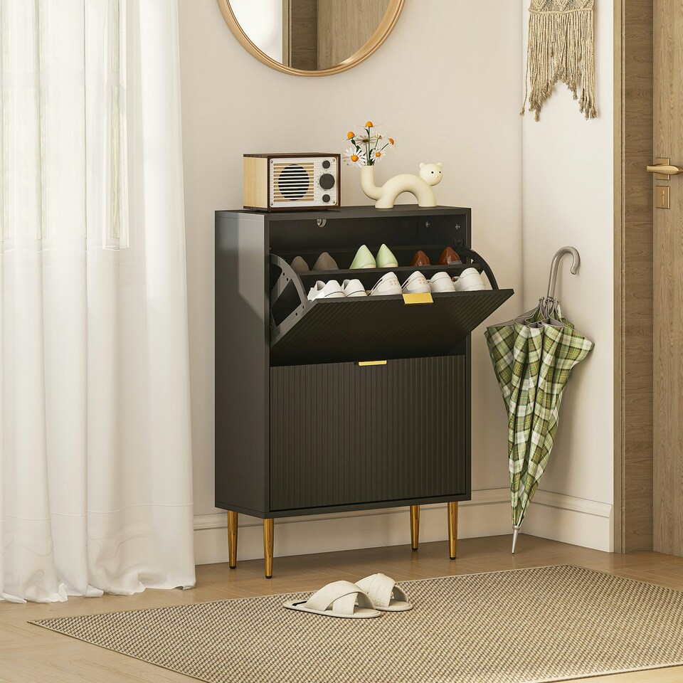 image 1 of HOMCOM Slim Shoe Storage Cabinet with 2 Flip Drawers for Hallway White | Gold | 60W x 24D x 91.5H cm
