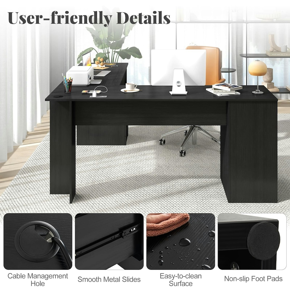image 1 of COSTWAY 168 CM L-shaped Computer Desk w/Power Outlets Black Black