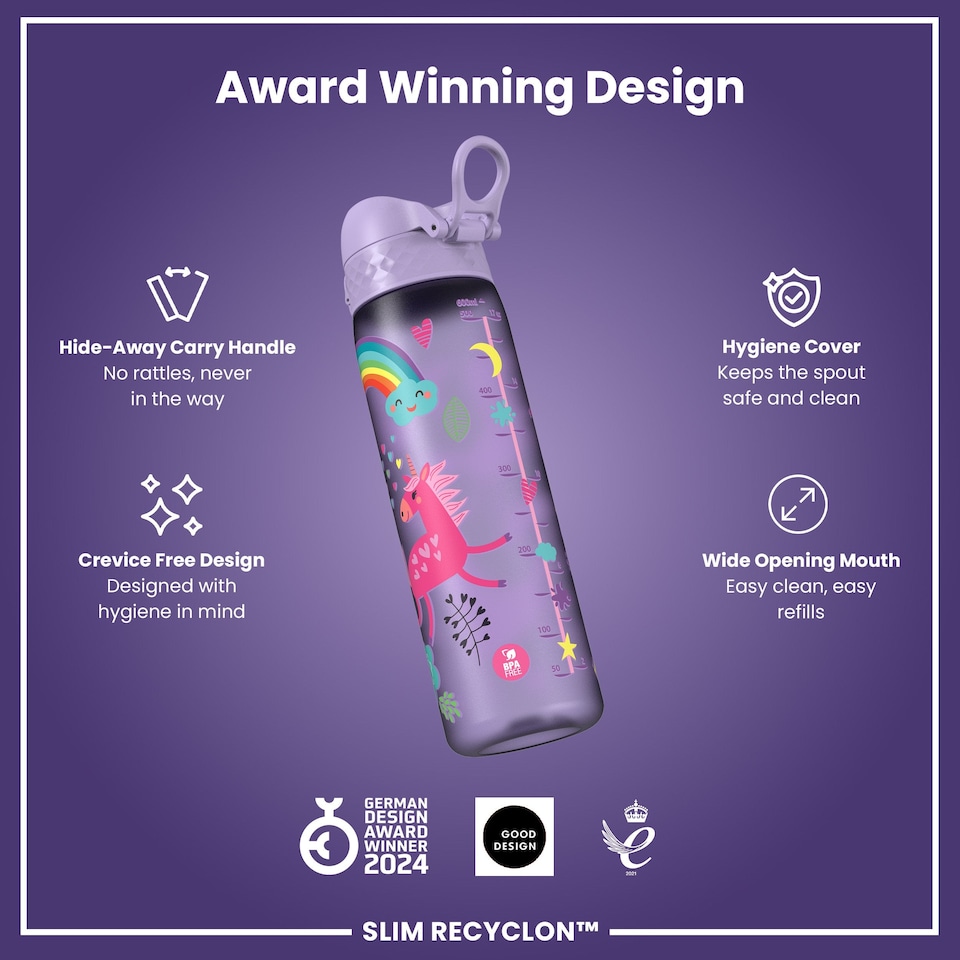 image 1 of Leak Proof Slim Water Bottle, BPA Free, 500ml (18oz) | Purple | Unicorns Periwinkle | One Size