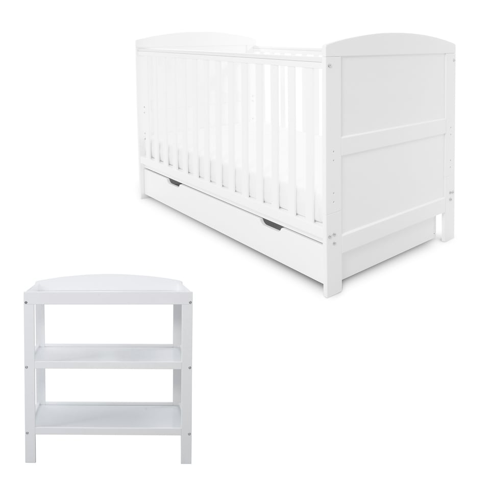 image 1 of Coleby 2 Piece Furniture Set - Suitable from Birth to 4 Years, Open Changer, Under Drawer & All Seasons Premium Pocket Sprung Mattress - (White)