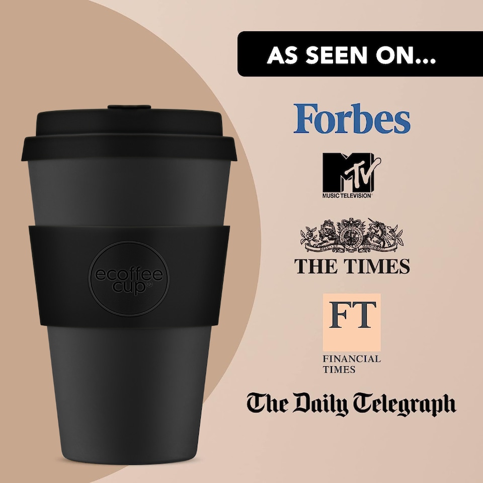 image 1 of Ecoffee Cup 14oz 400ml Reusable Eco-Friendly, Plant Based Coffee Cup with Silicone Lid & Sleeve, Kerr & Napier | Black | Kerr & Napier
