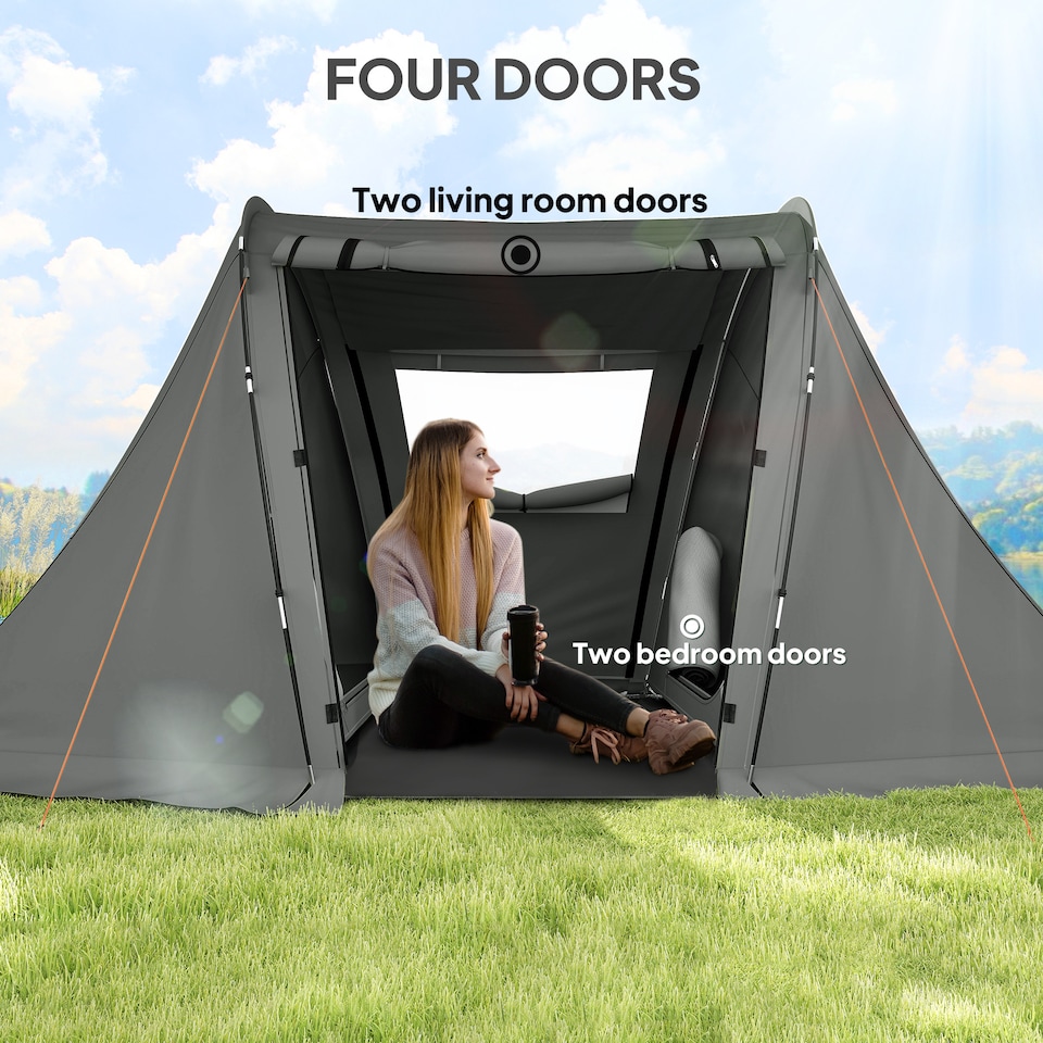 image 1 of Outsunny 3 Man Camping Tent with 2 Bedrooms, 3000mm Waterproof, Grey | Grey | Dark Grey | 323L x 240W x 160H cm