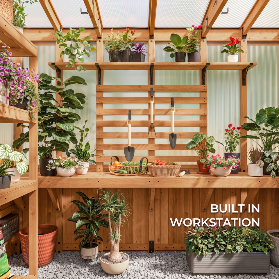 image 1 of Backyard Discovery Poppy Cedar Wood Polycarbonate Greenhouse with Pergola Front and Powerport 2.7m x 1.7m (9ft x 6ft)
