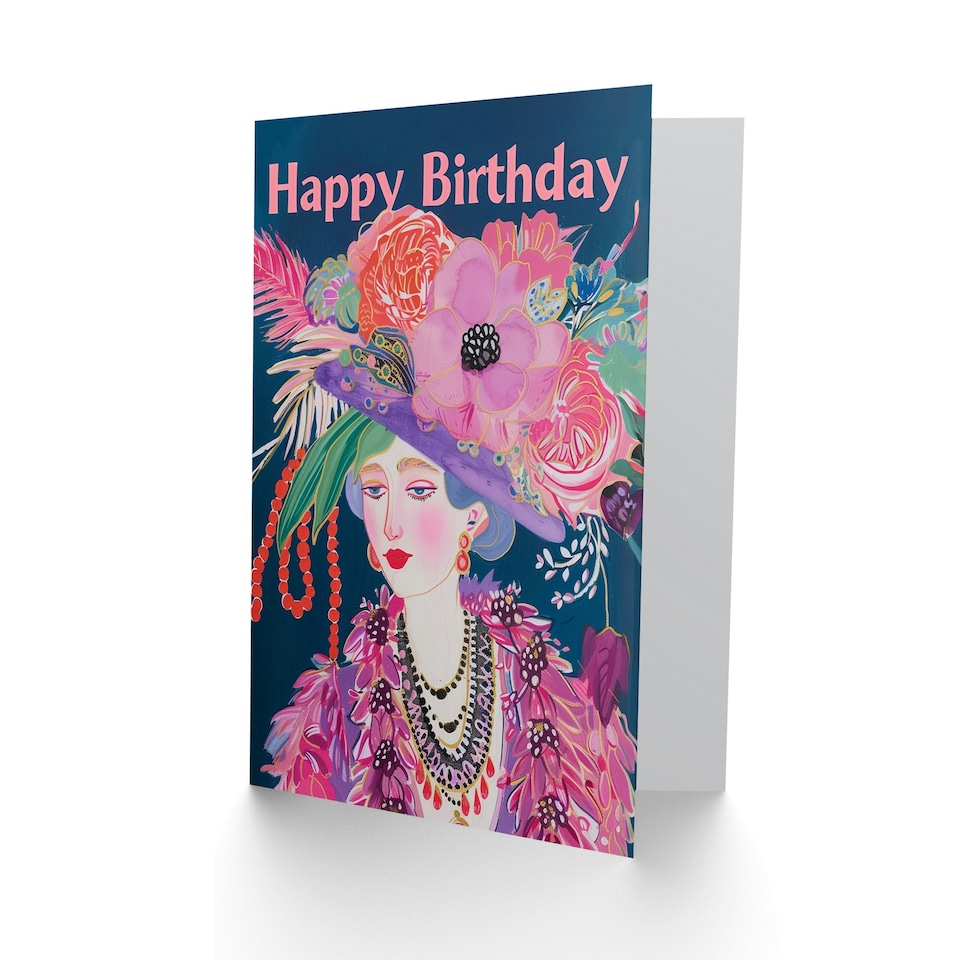 image 1 of Floral Fashion Dame Fancy Hat Portrait Woman Her Birthday Card