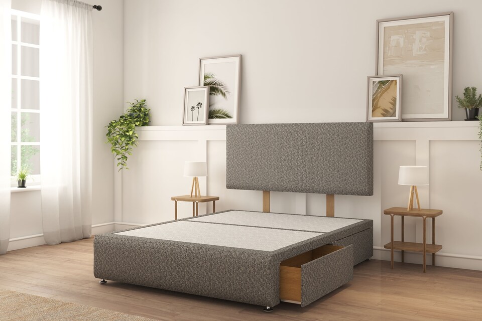 image 1 of Sloomy Rutherford Pewter Tweed Divan Bed With Mattress 2 Drawers Left 26" Strutted Headboard & 12" Footboard 6' Super King