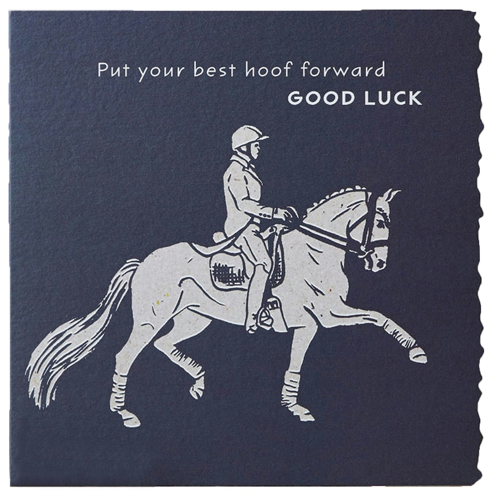 Deckled Edge Colour Block Pony Greetings Card - Put Your Best Hoof Forward Good Luck - Dressage Horse (Navy) - One Size