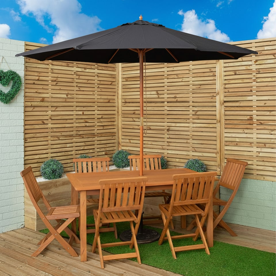 image 1 of Outdoor 6 Person Rectangular Wooden Garden Patio Dining Table Chairs with Black Parasol and Base Set