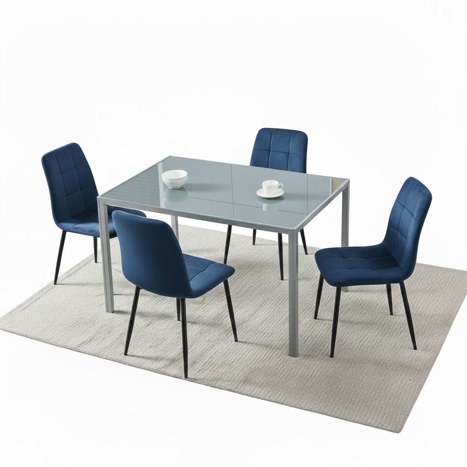 Grey Glass Dining Table Set with 4 blue velvet Chairs Dining Room ...