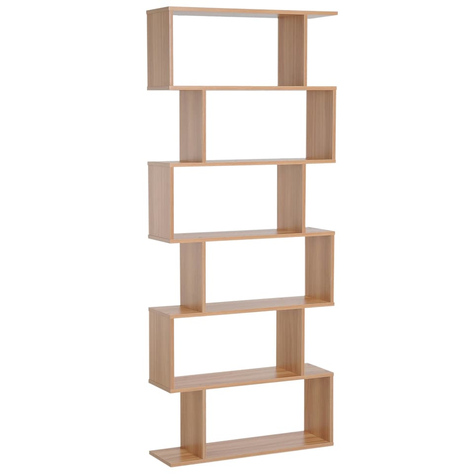 image 1 of HOMCOM 6-Tier Wooden Modern S-Shaped Shelf Storage Unit Home Office Maple Colour