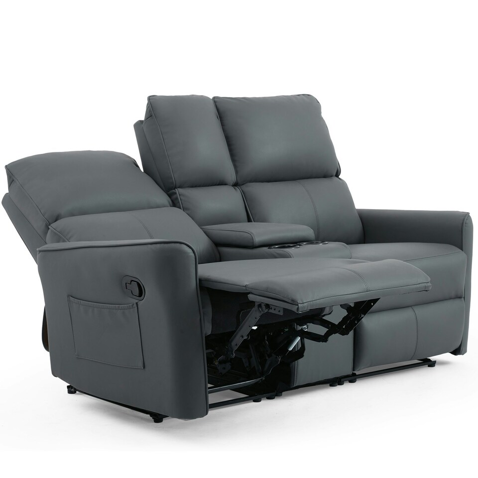 image 1 of Madrid 2 Seater Manual Recliner Air Leather Sofa w Drinks Console Grey