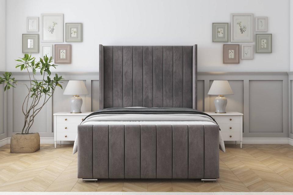 image 1 of Sloomy Melbourne Slate Naples Bed Frame With Mattress  With 50" Upholstered Wingback Headboard 5' King