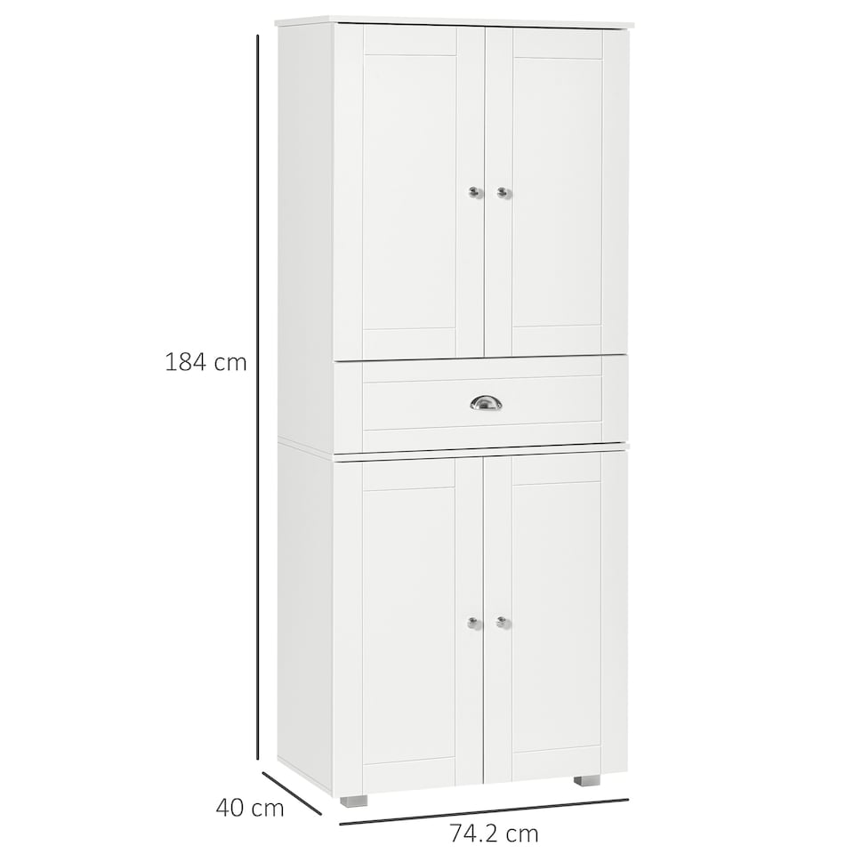 image 1 of HOMCOM 184cm Tall Kitchen Cupboard, Freestanding Kitchen Pantry Storage Cabinet with 4 Doors, 3 Adjustable Shelves, Drawer, Anti-tipping Device, Sideboard Organiser for Dining Room, Living Room, White