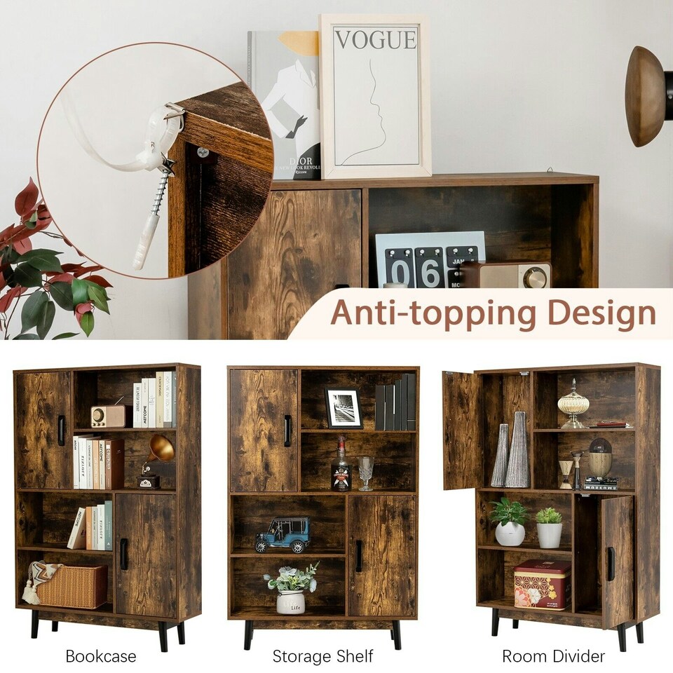 image 1 of COSTWAY Freestanding Wooden Sideboard Storage Cabinet with 2 Doors Brown