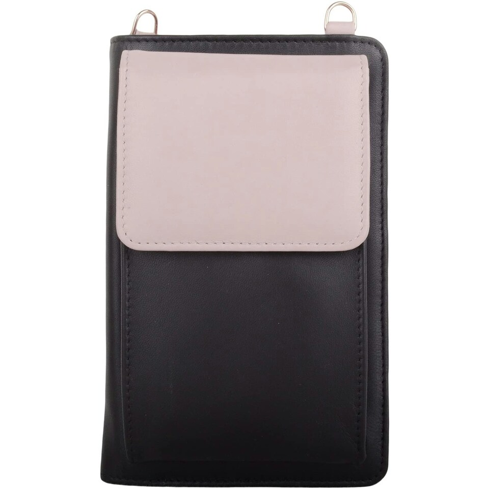 image 1 of Lightweight Genuine Leather Travel Phone Cross Body Shoulder Bag Black | Black/Ivory