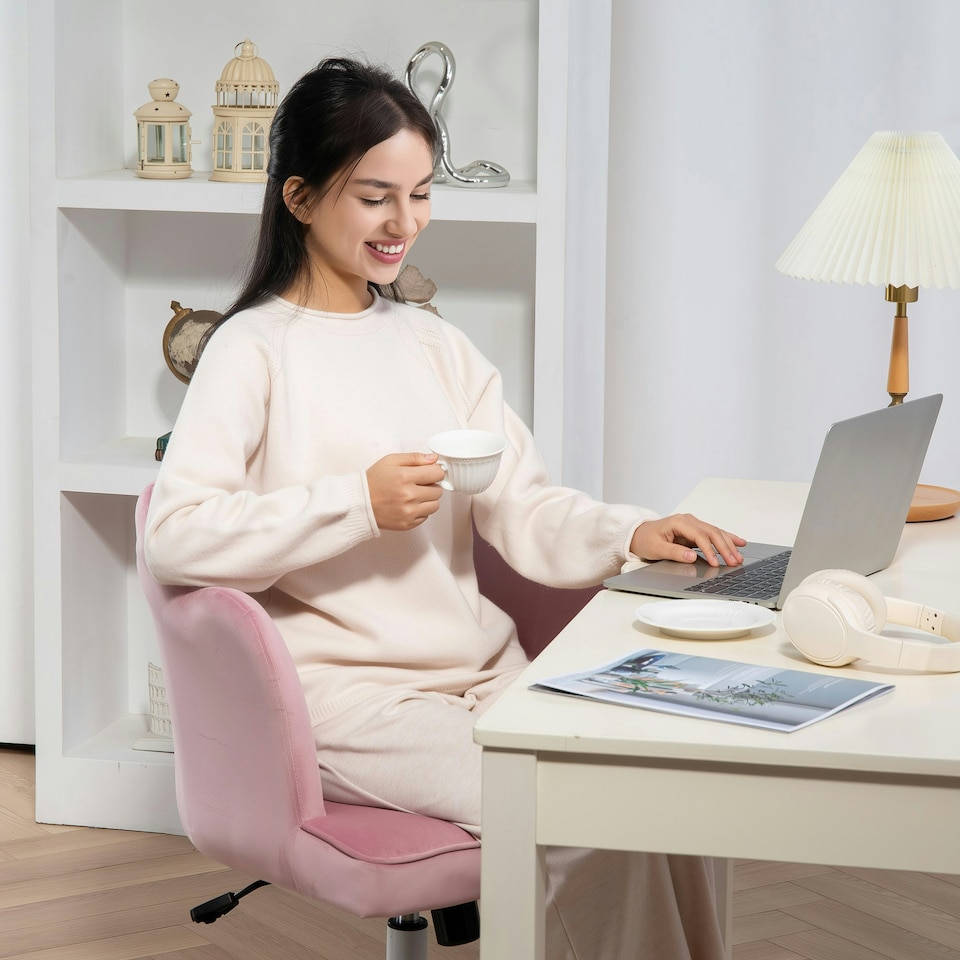 image 1 of HOMCOM Armless Desk Chair Home Office Chair w/ Wide Seat Tilt Function Pink