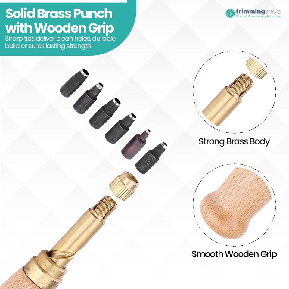image 1 of 1.5-4mm Automatic Hole Punch Cutter Tool with 6 Tips Brass Wood Handle