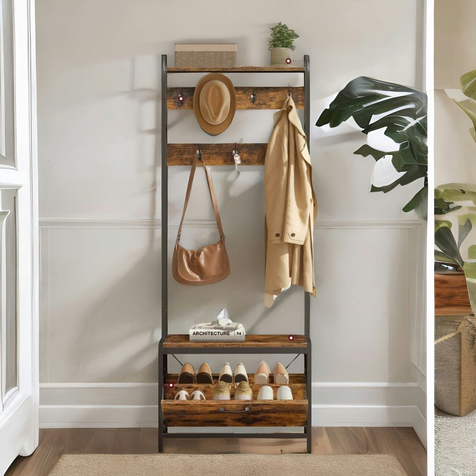 image 1 of Industrial Coat Rack Stand With Shoe Storage Brown One Size