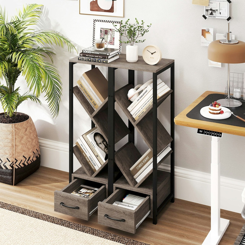 image 1 of COSTWAY 2 Pcs Tree Bookshelf 4 Tier Storage Bookcase with Drawer Grey