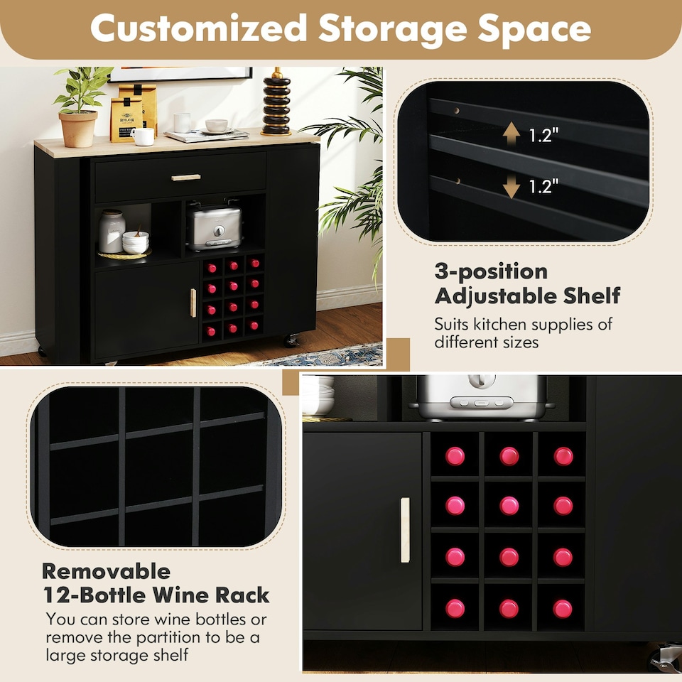 image 1 of COSTWAY 2-in-1 Kitchen Island Bar Table Storage Trolley Black