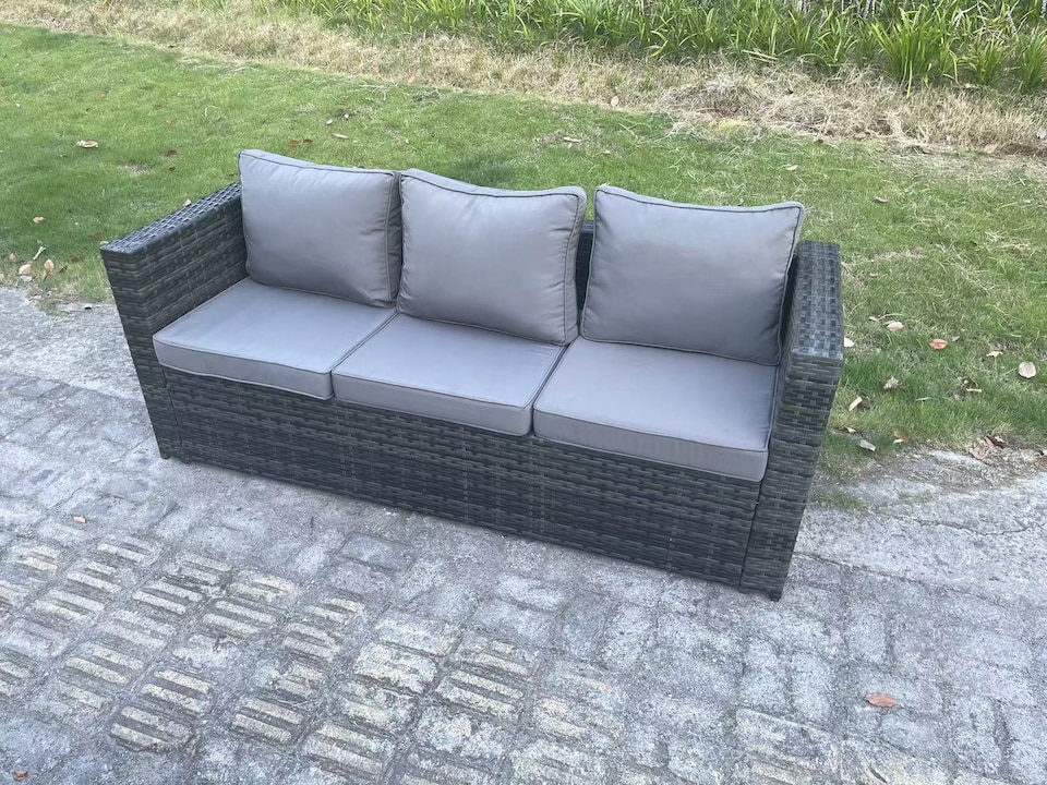 image 1 of Fimous 8 Seater Outdoor Lounge Sofa Garden Furniture Set Patio Rattan Rectangular Dining Table Chair with Big Footstool Dark Grey Mixed