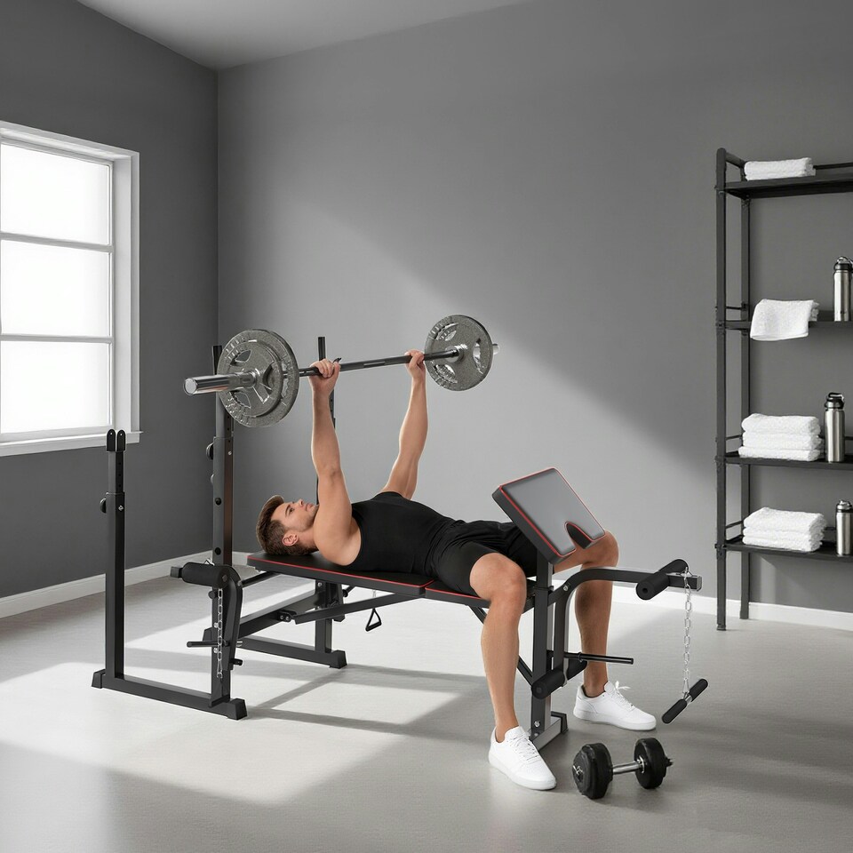 image 1 of SPORTNOW Weight Bench with Two Barbell Racks, Preacher Curl Bench