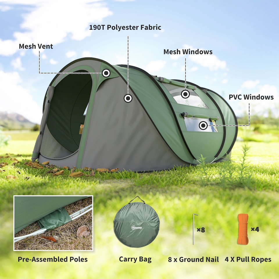image 1 of Outsunny Camping Tent Dome Pop-up Tent with Windows for 3 Person Dark Green