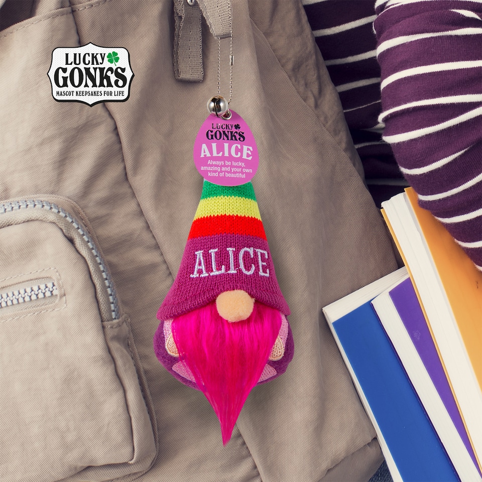 image 1 of Pre-personalised Lucky Gonk Mascot Keyring For Bag Or Backpack - Alice - 136 Names and Themes Available | Pink