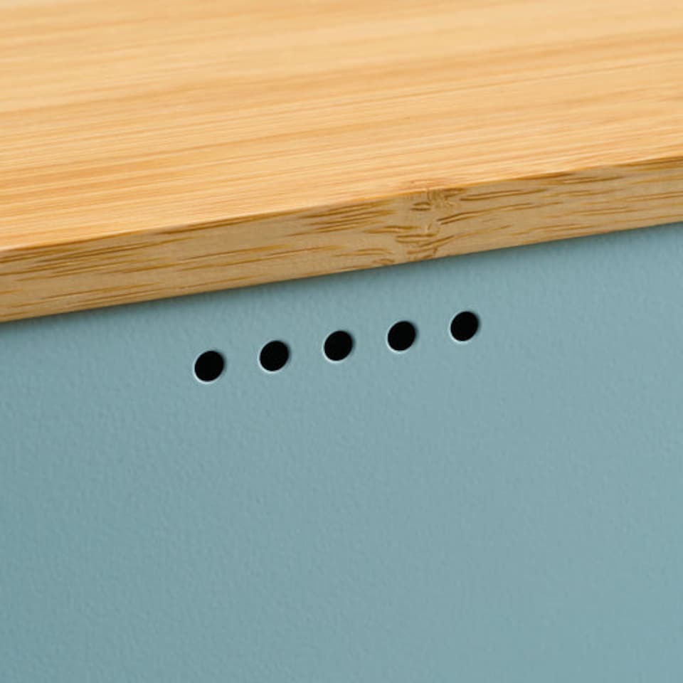 image 1 of Cooks Professional Ribbed Bread Bin, Linen Bag & Bamboo Board Set with Silver Label | Blue | Blue & Silver | 1