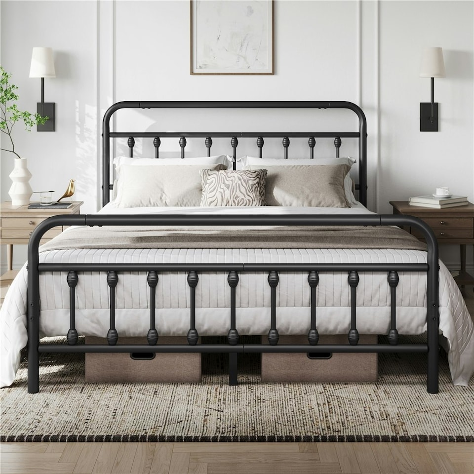image 1 of Yaheetech 5ft King Vintage Iron Platform Bed with High Headboard Black