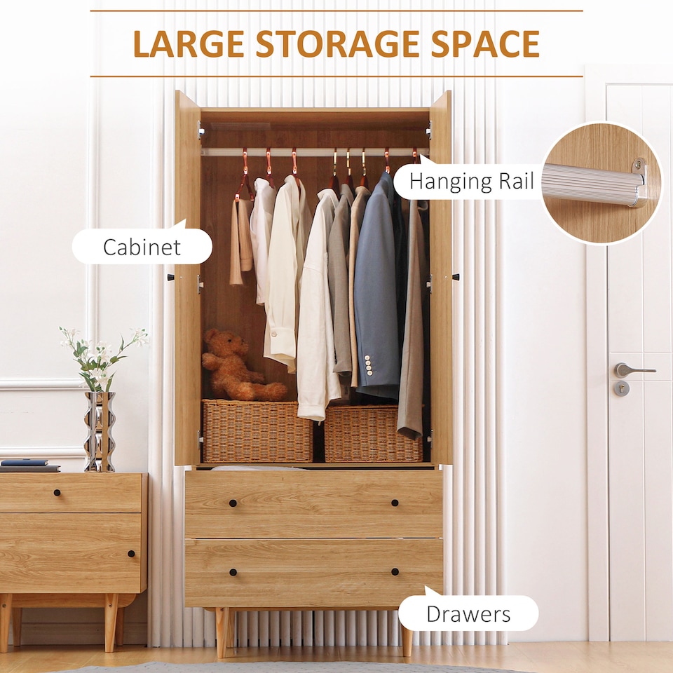 image 1 of HOMCOM 2 Door Wardrobe with 2 Drawers, Hanging Rail, Anti-tipping Design for Bedroom Clothes Storage Organiser, Natural Wood Colour