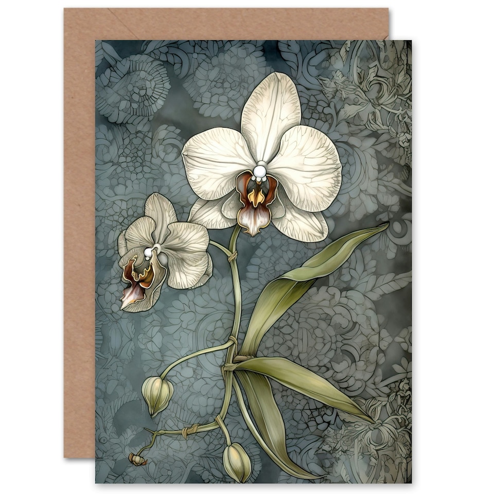 image 1 of Orchid Flower Blooms Modern Stylised Art Nouveau Floral Greeting Card