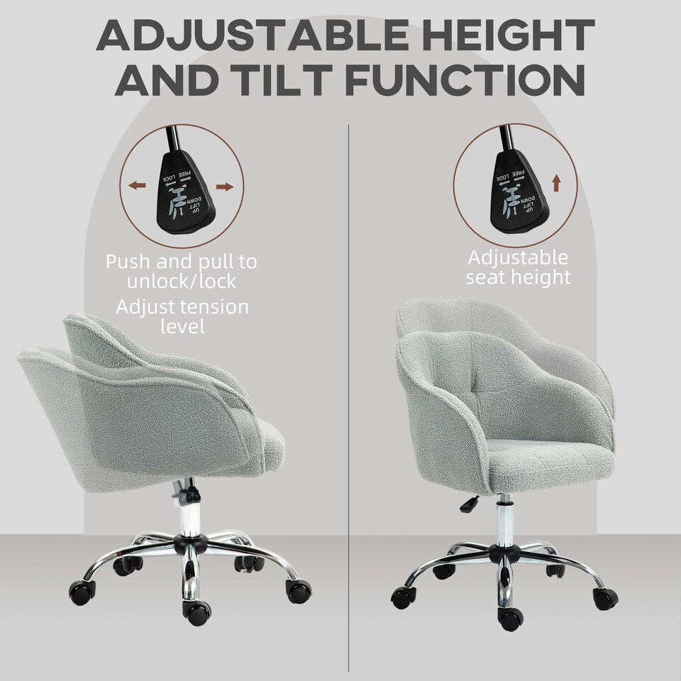image 1 of HOMCOM Fluffy Vanity Chair for Desk, with Height Adjustable, Wheels, Grey