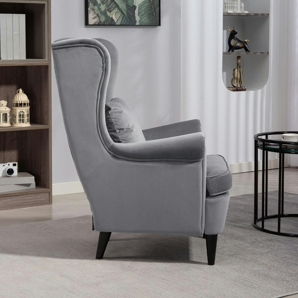 image 1 of HOMCOM Wingback Chair, Modern Accent Chair for Living Room Bedroom Grey