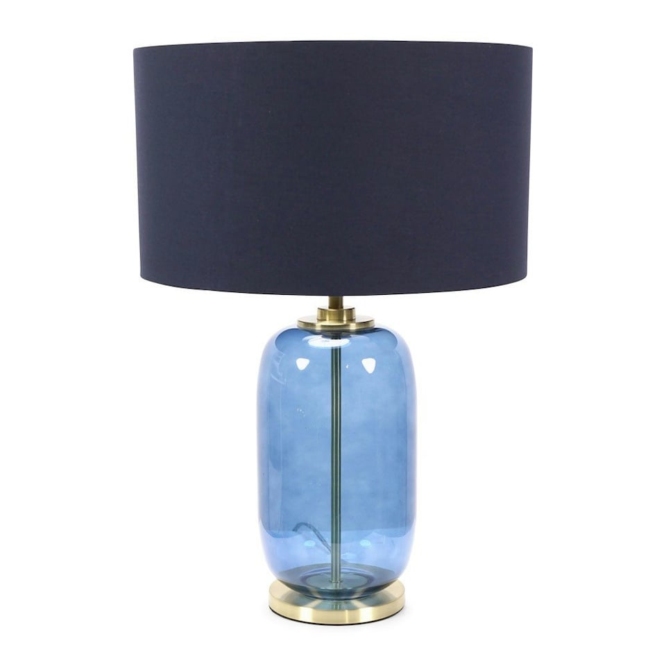 image 1 of ValueLights Leigh Navy Blue Fabric Drum Shade with Navy Blue Glass and Gold Trim Table Lamp with Bulb