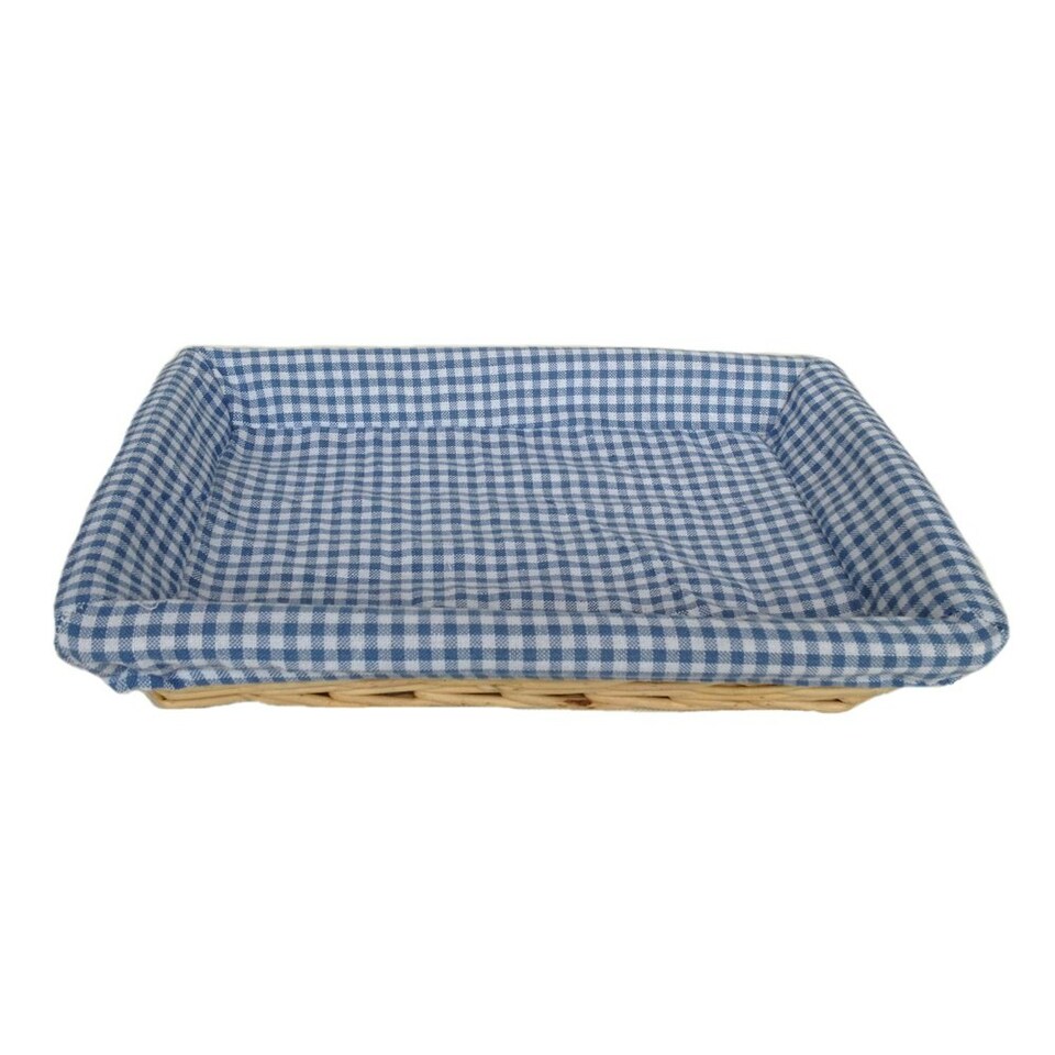 Blue Checked Lined Flat Rectangular Wicker Tray Brown | Brown