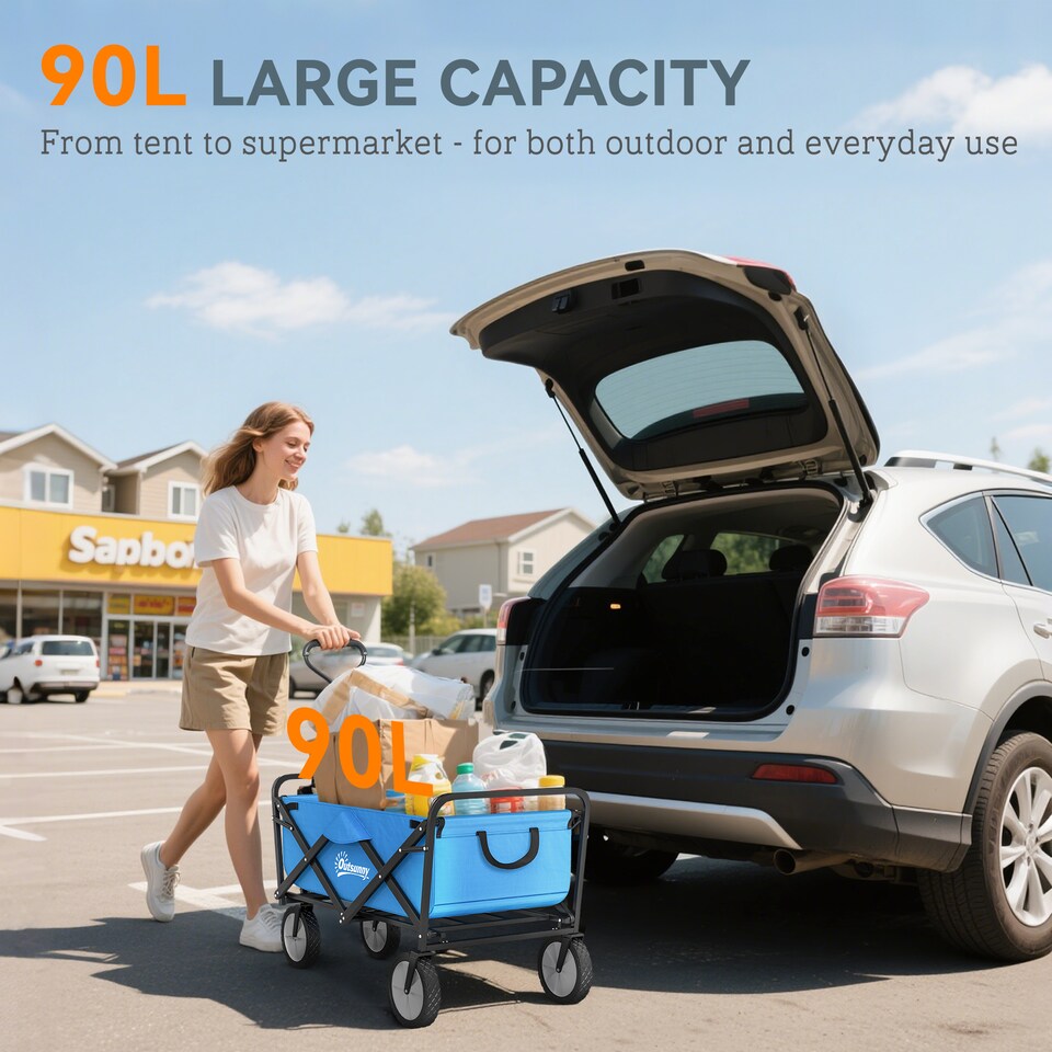 image 1 of Outsunny Folding Outdoor Storage Trolley Cart Bag Telescopic Handle Brakes Blue