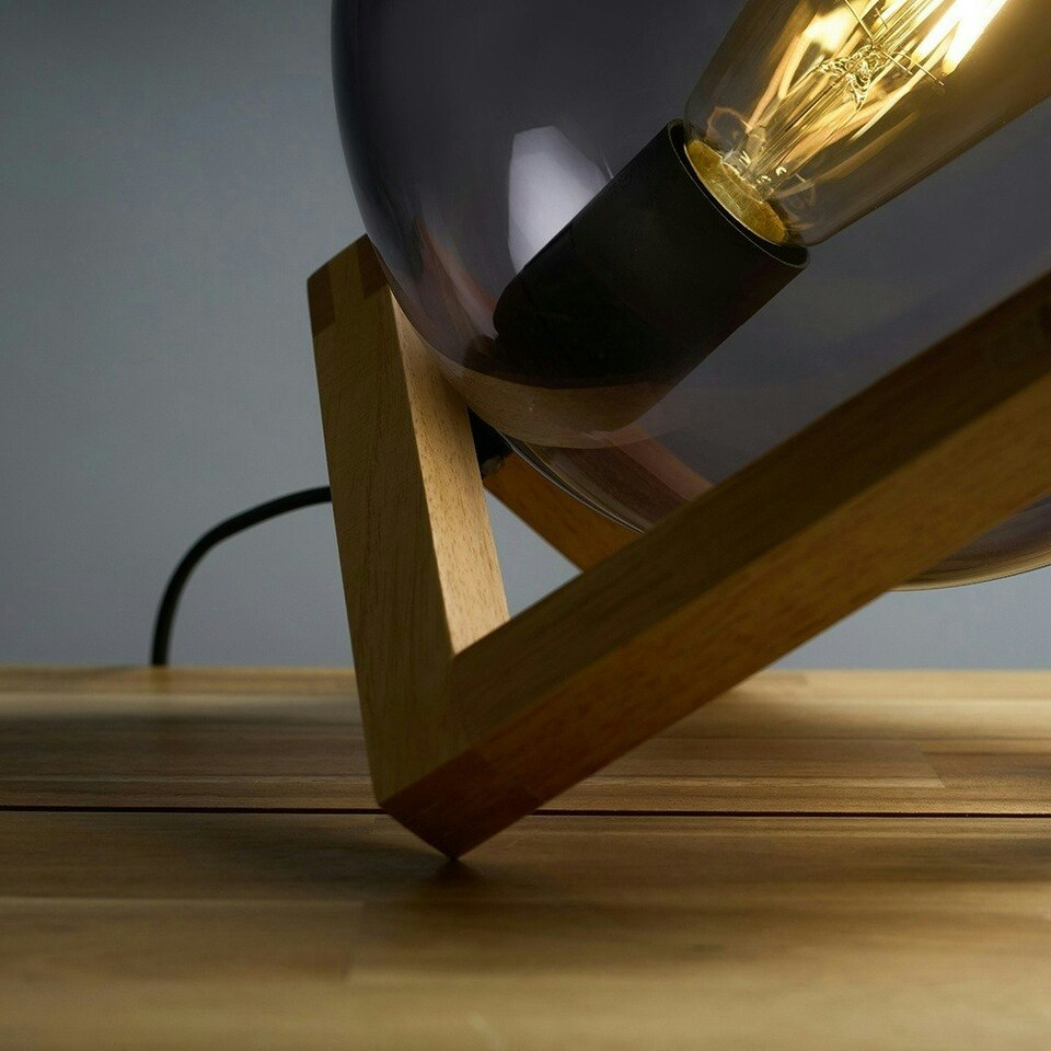 image 1 of ValueLights Modern Smoked Effect Glass Globe Bedside Table Lamp on a Wooden Frame Base