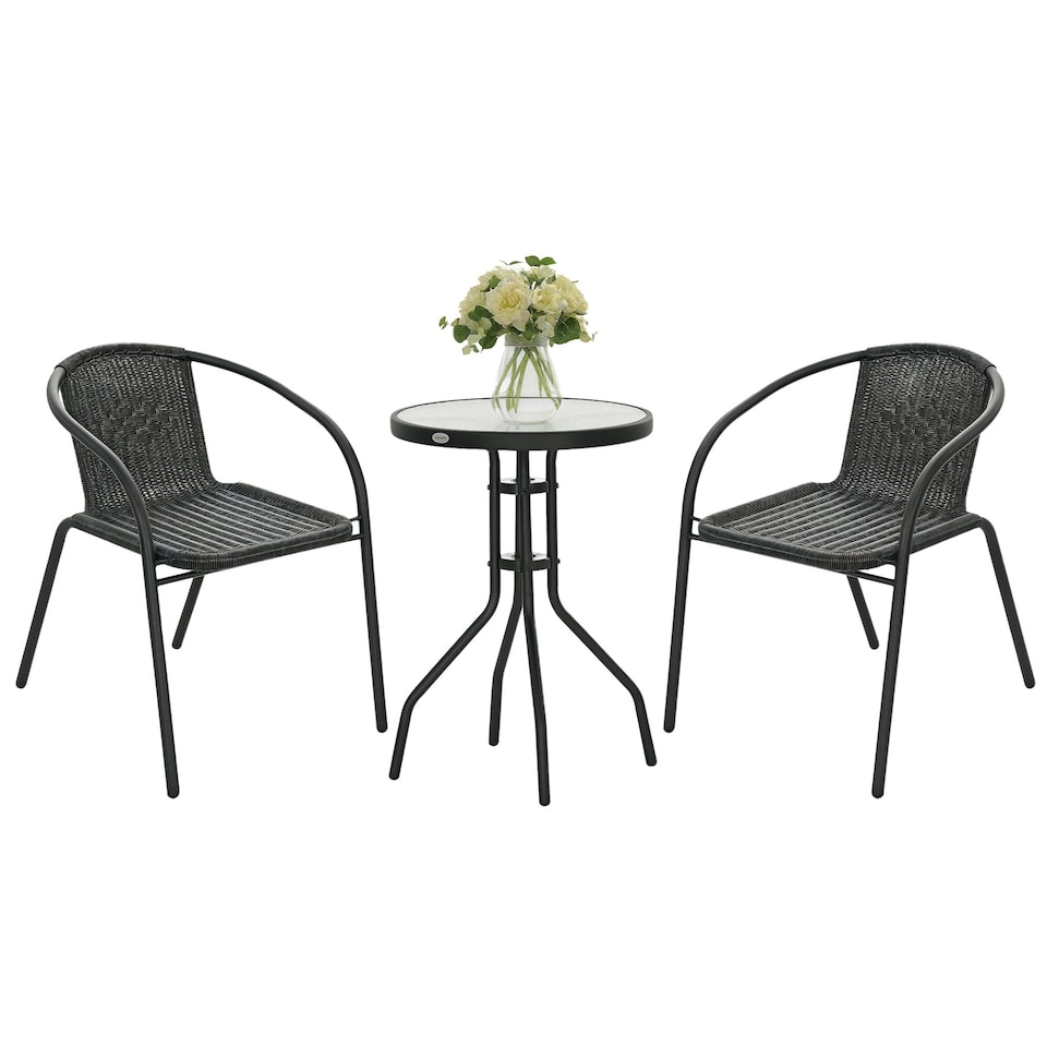 image 1 of Outsunny 3 Pieces Rattan Bistro Set, 2 Seater Garden Furniture Set with Coffee Table and Stackable Chairs, Wicker Outdoor Table and Chairs for Garden, Porch, Balcony, Black