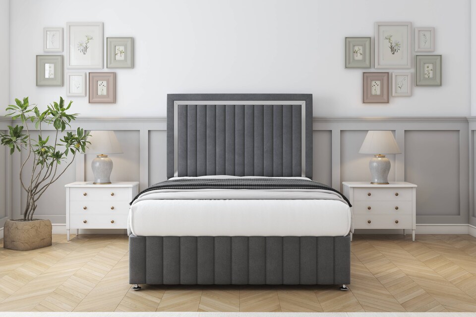 image 1 of Sloomy Boston Chrome Armour Coniston Divan Bed Base No Drawers With 26 Inch Strutted Headboard & 12 Inch Matching Footboard | Grey | Armour | Single | 1