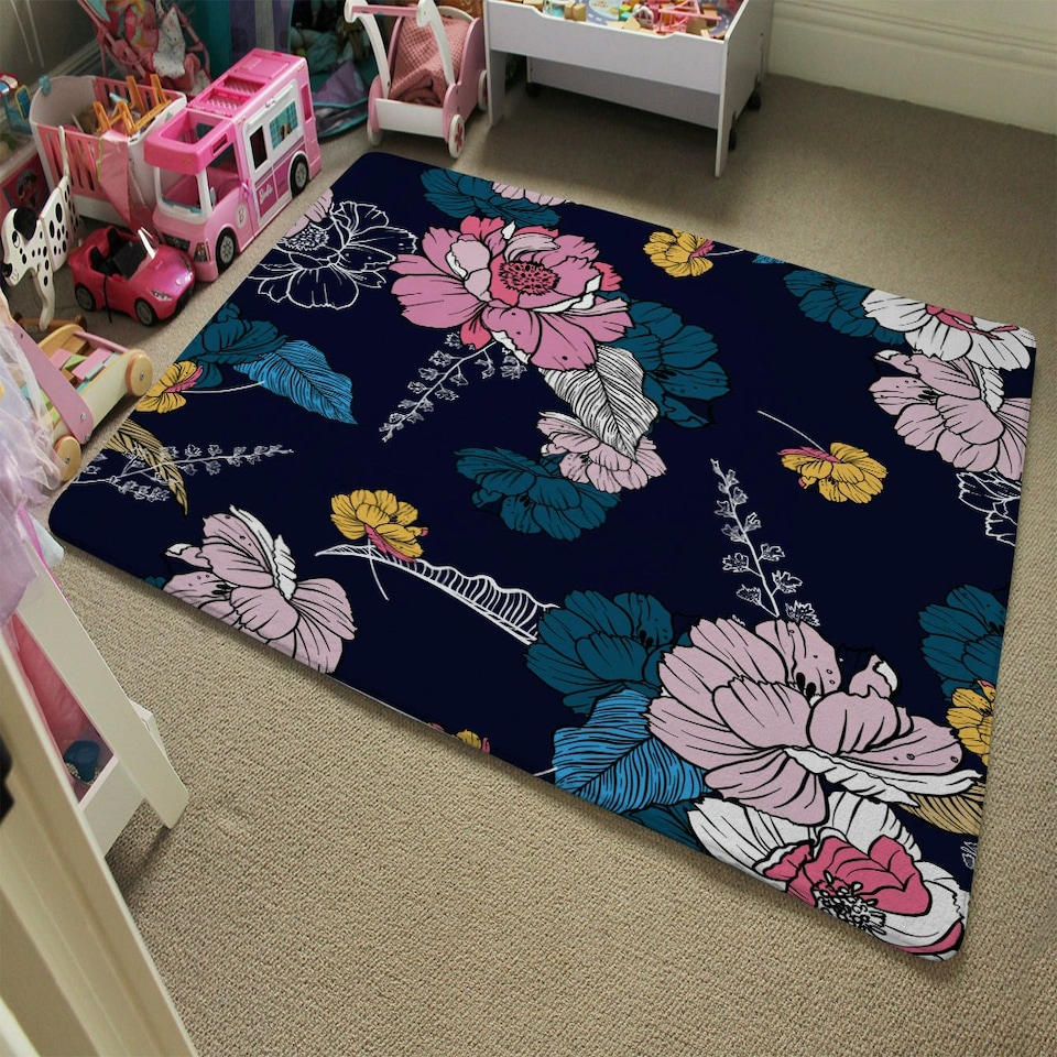 image 1 of Pink Flowers on Navy (Rug) Pink | Large: 140x200cm