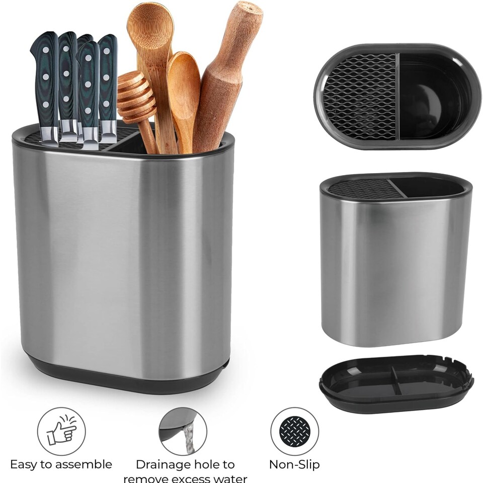 image 1 of Kitchen Knife Block and Utensil Holder Storage Caddy Stainless Steel