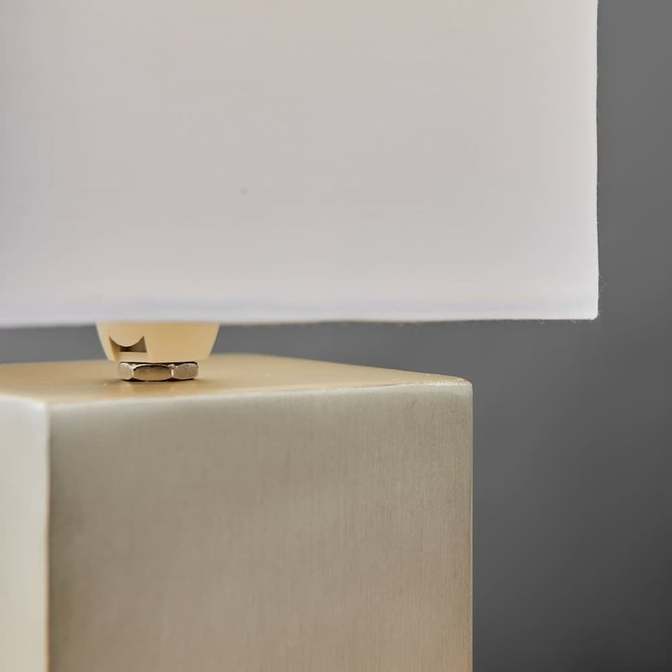 image 1 of ValueLights Cubbie Chrome Cube Touch Dimmer Bedside Table Lamp White Shade | Silver