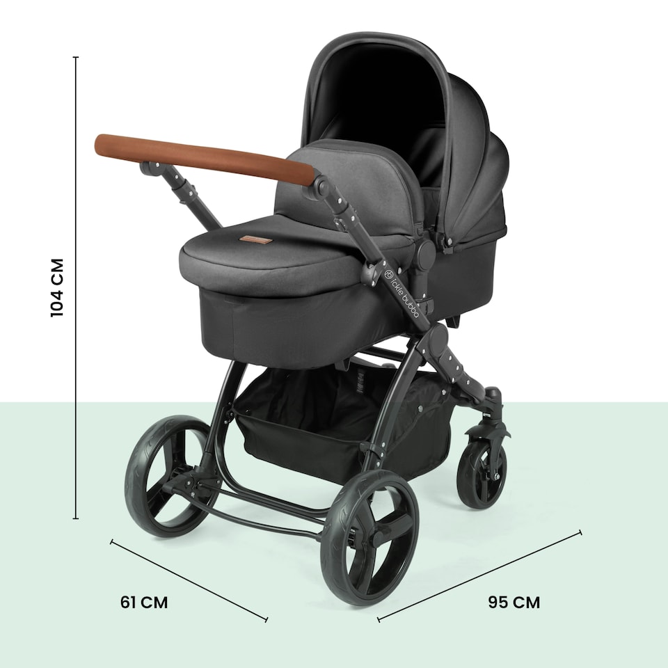 image 1 of Stomp Luxe 12pc Travel System with Stratus i-Size Car Seat & ISOFIX Base, Carrycot, Reversible Seat, Rain Cover & More (Black/Charcoal Grey/Tan)